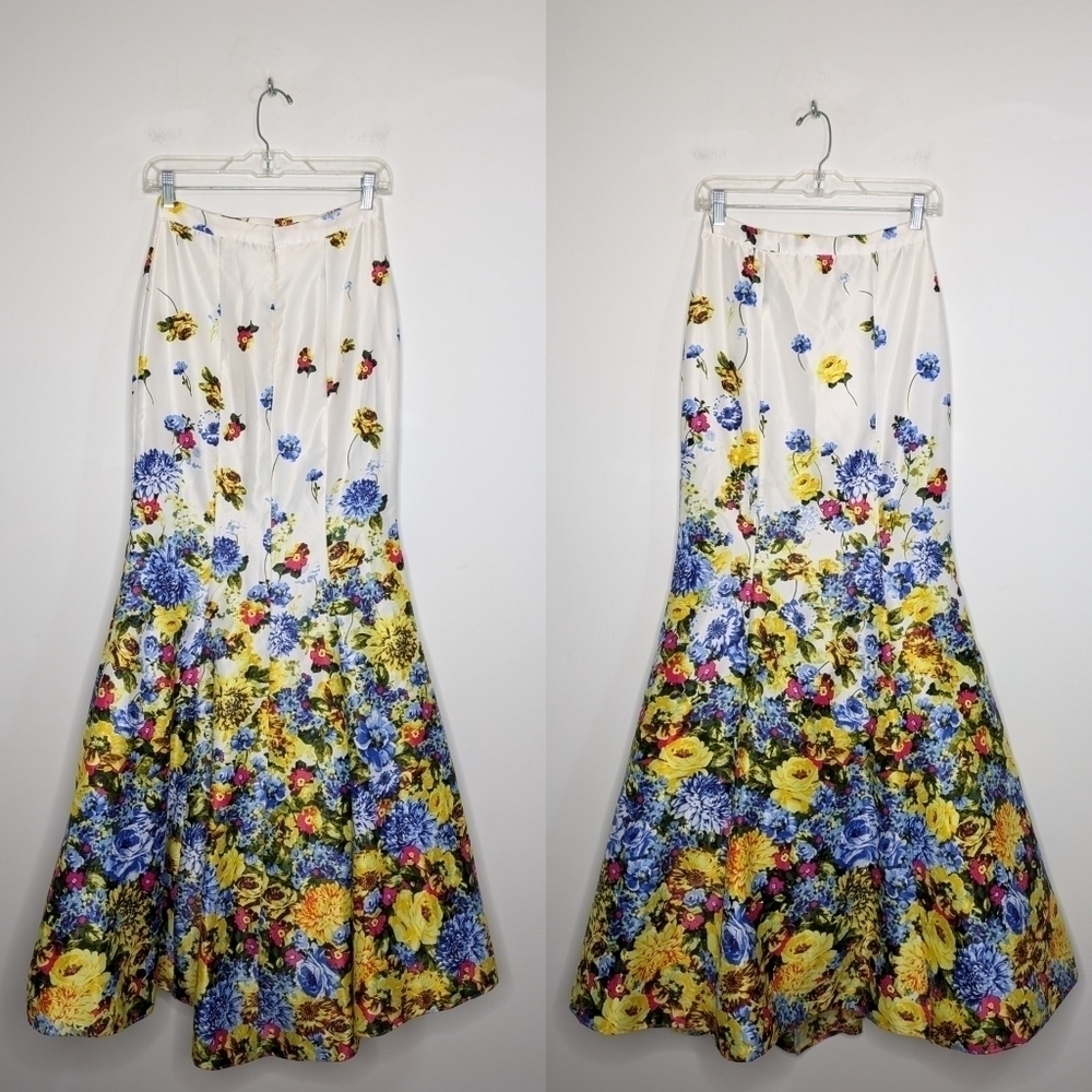 Xscape white blue yellow red floral satin mermaid maxi skirt 4